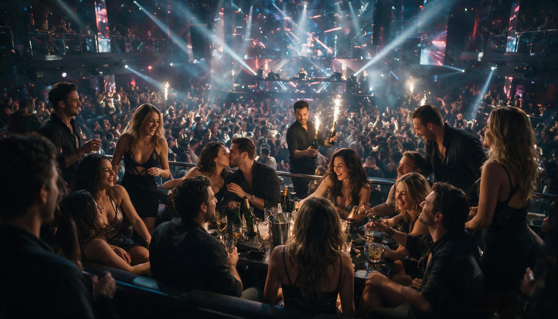 VIP table with champagne sparklers above a packed nightclub floor and full light show