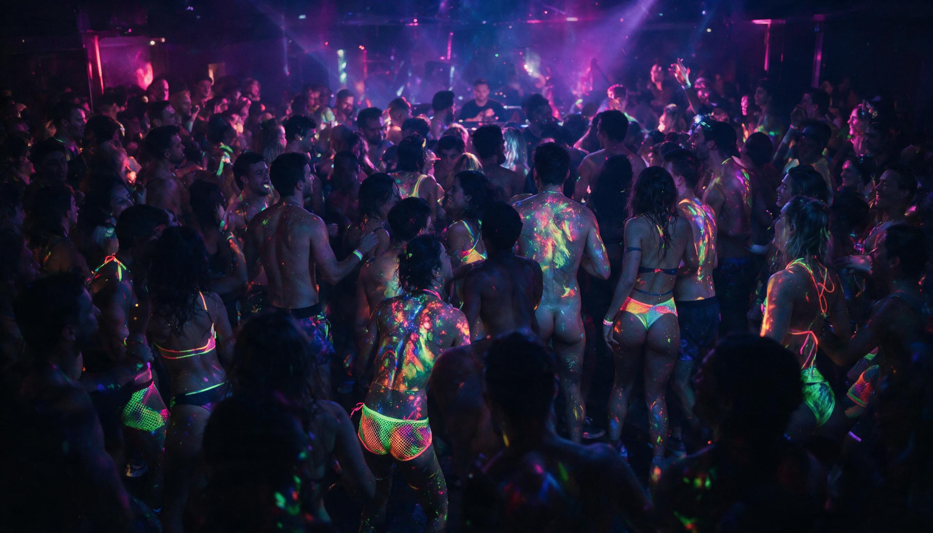 A packed dance floor of guests covered in glowing UV body paint under neon light at a HouseMatez party