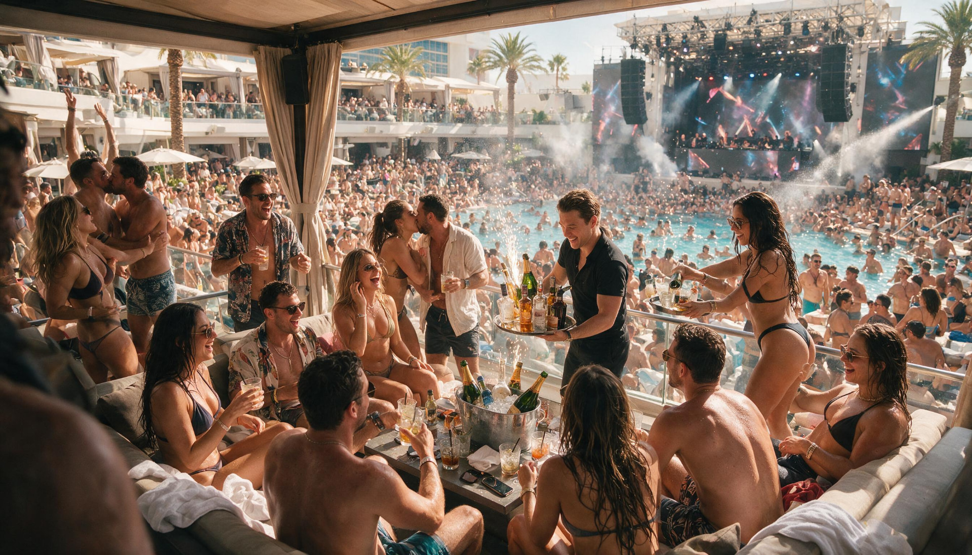 HouseMatez cabana table with bottle service overlooking a packed Las Vegas dayclub pool