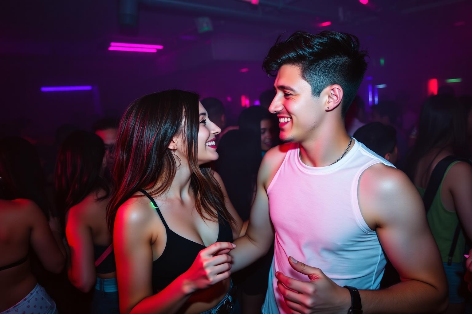 A couple dancing closely in a moody neon-lit room