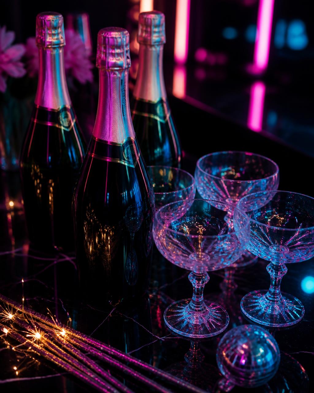 Champagne and crystal glasses on a black marble table