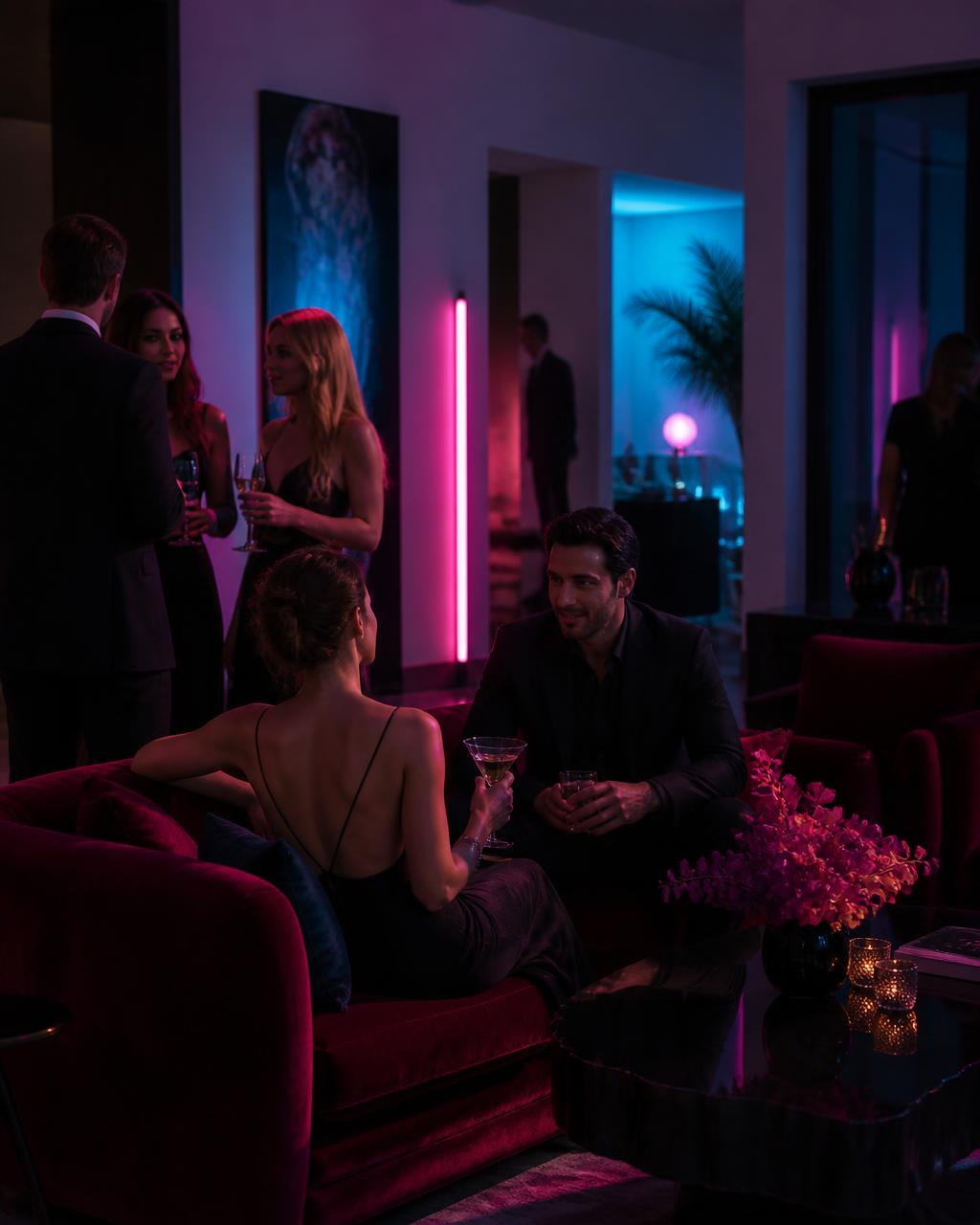 Guests mingling in a luxury property lounge with neon lighting