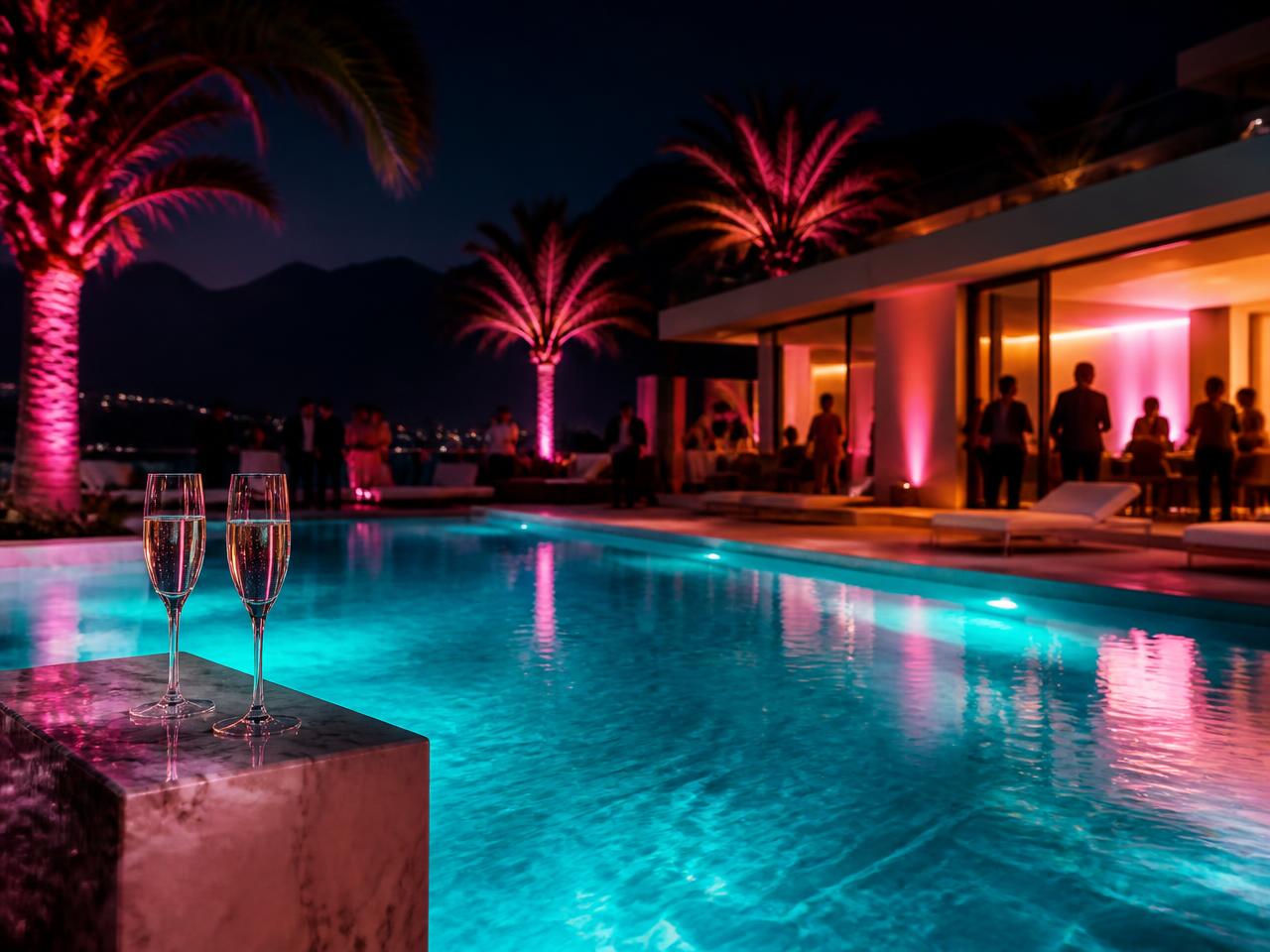 Poolside property party at night with neon lights